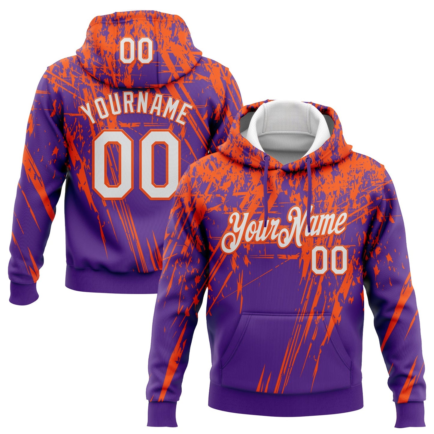Custom Stitched Purple White-Orange 3D Pattern Design Splash Grunge Art Sports Pullover Sweatshirt Hoodie - Main View
