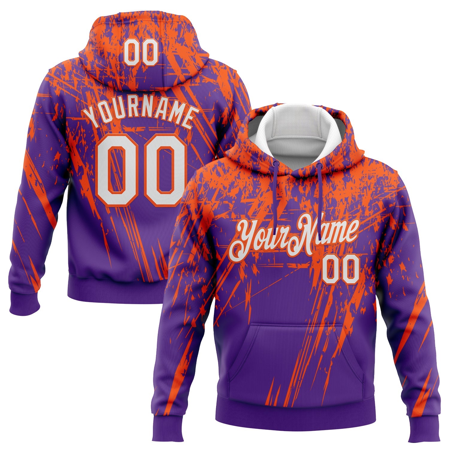 Custom Stitched Purple White-Orange 3D Pattern Design Splash Grunge Art Sports Pullover Sweatshirt Hoodie - Main View