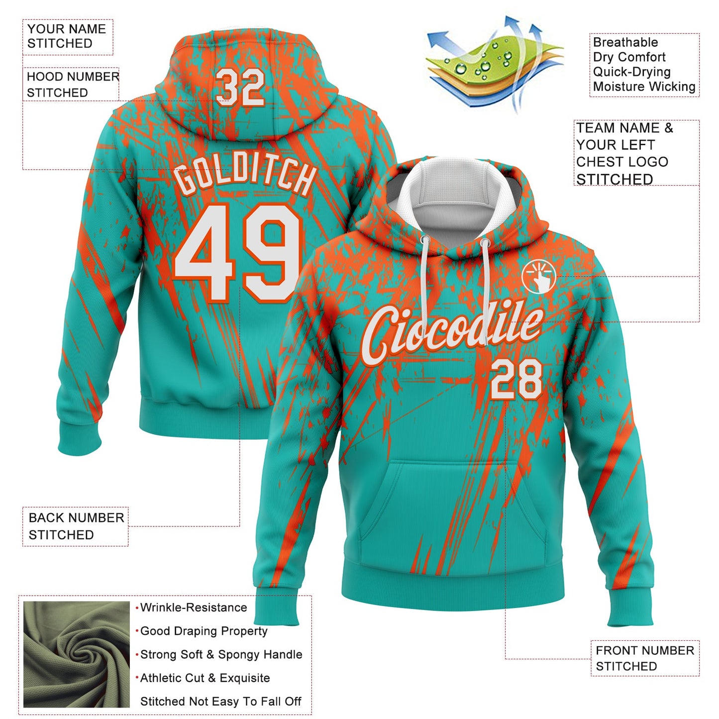 Custom Stitched Aqua White-Orange 3D Pattern Design Splash Grunge Art Sports Pullover Sweatshirt Hoodie view 2