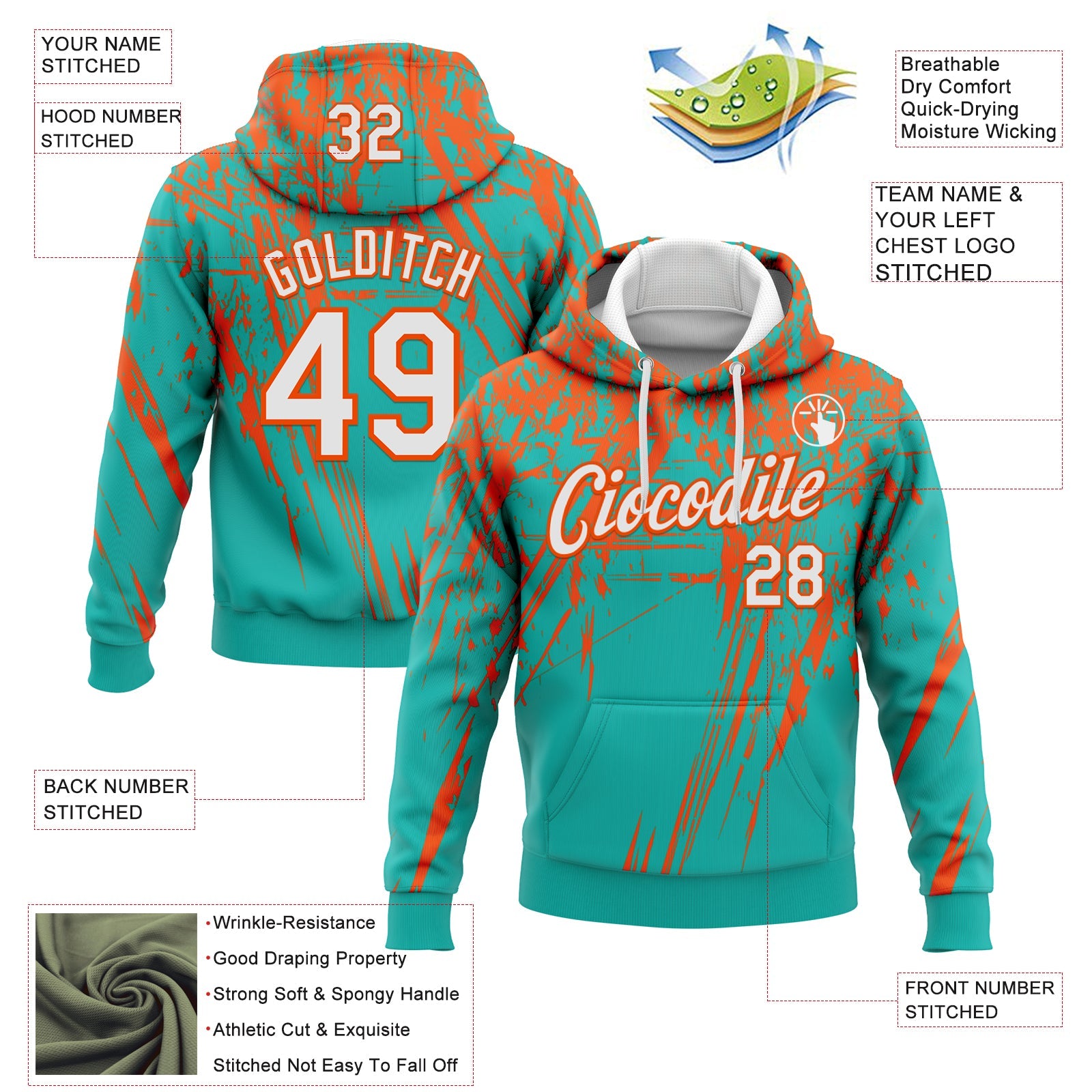 Custom Stitched Aqua White-Orange 3D Pattern Design Splash Grunge Art Sports Pullover Sweatshirt Hoodie view 2