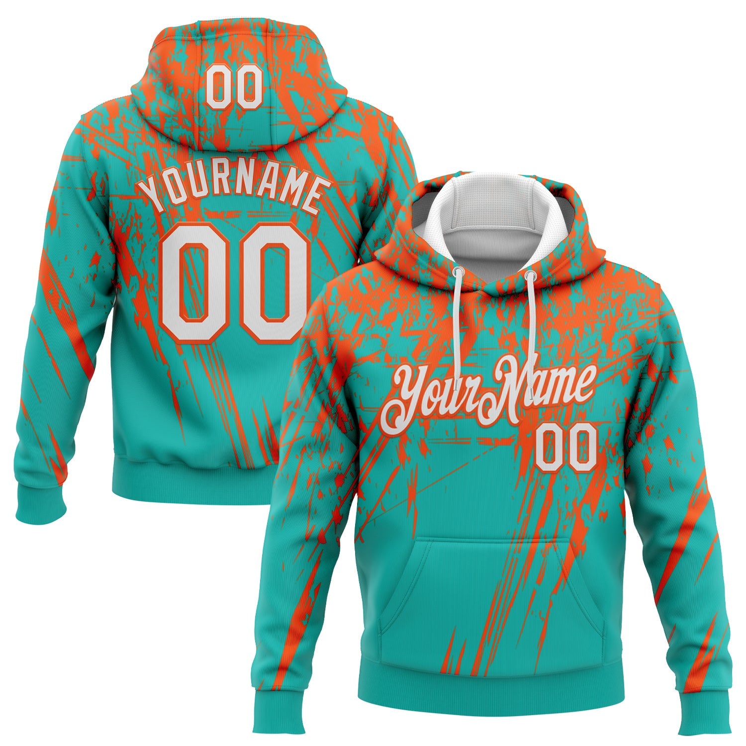 Custom Stitched Aqua White-Orange 3D Pattern Design Splash Grunge Art Sports Pullover Sweatshirt Hoodie - Main View