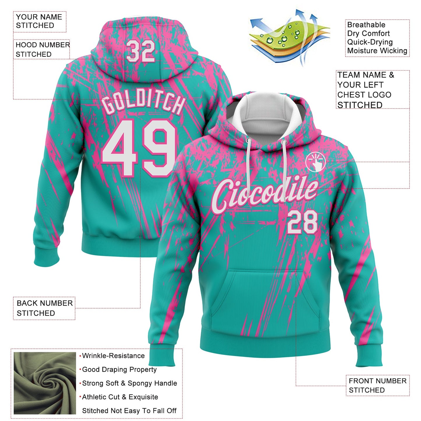 Custom Stitched Aqua White-Pink 3D Pattern Design Splash Grunge Art Sports Pullover Sweatshirt Hoodie view 2