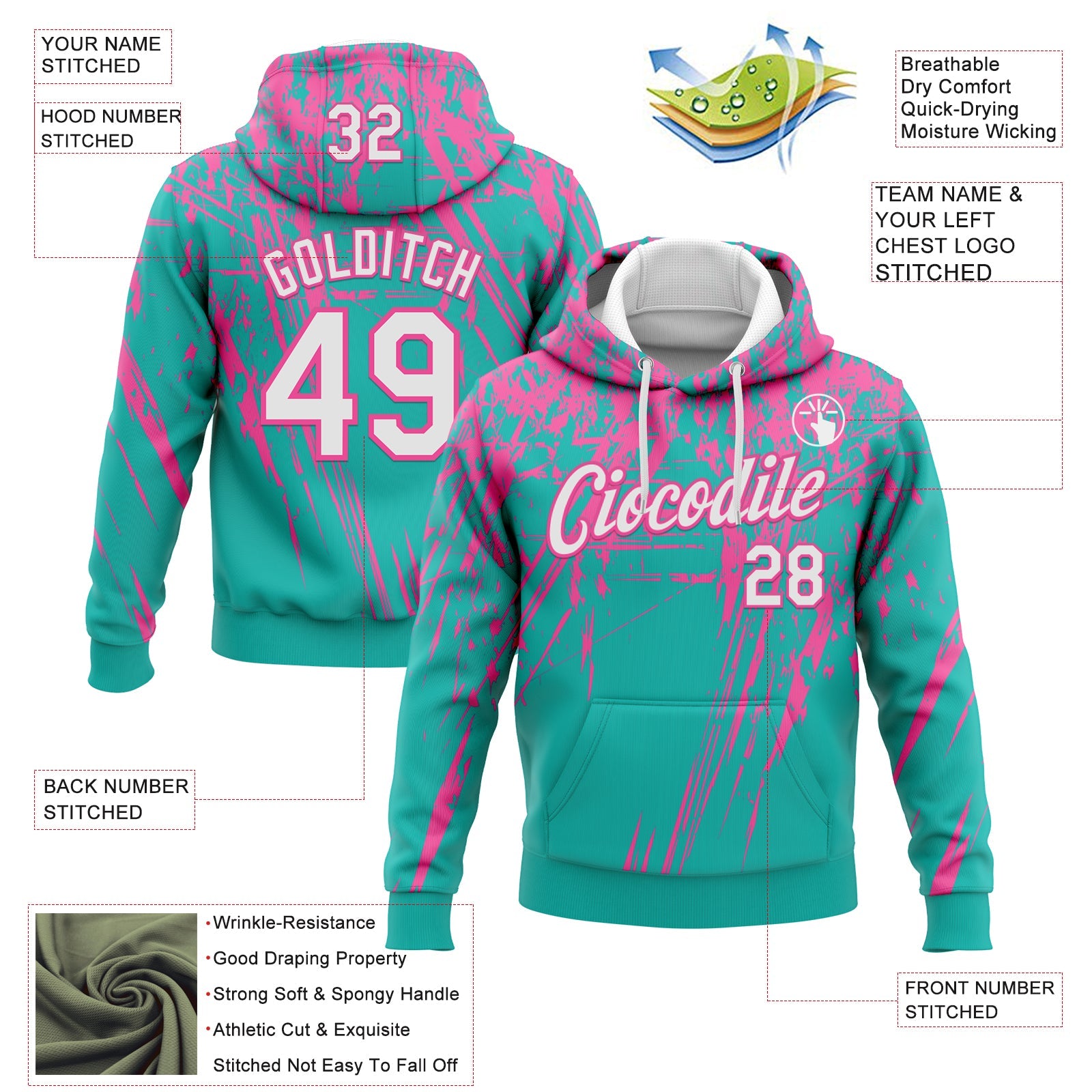Custom Stitched Aqua White-Pink 3D Pattern Design Splash Grunge Art Sports Pullover Sweatshirt Hoodie view 2