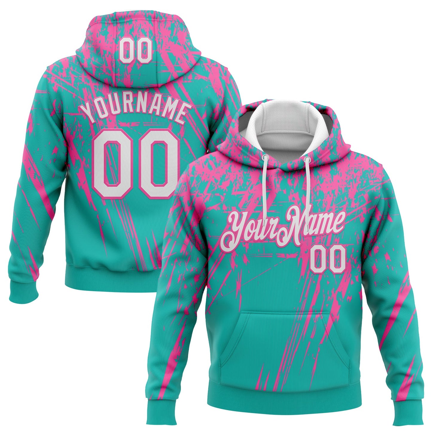 Custom Stitched Aqua White-Pink 3D Pattern Design Splash Grunge Art Sports Pullover Sweatshirt Hoodie - Main View
