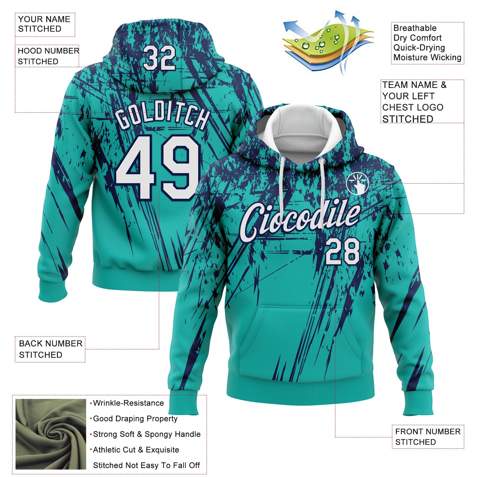 Custom Stitched Aqua White-Navy 3D Pattern Design Splash Grunge Art Sports Pullover Sweatshirt Hoodie view 2
