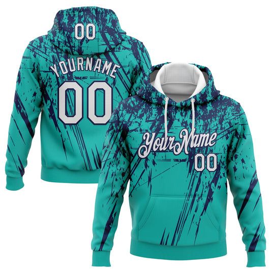 Custom Stitched Aqua White-Navy 3D Pattern Design Splash Grunge Art Sports Pullover Sweatshirt Hoodie - Main View