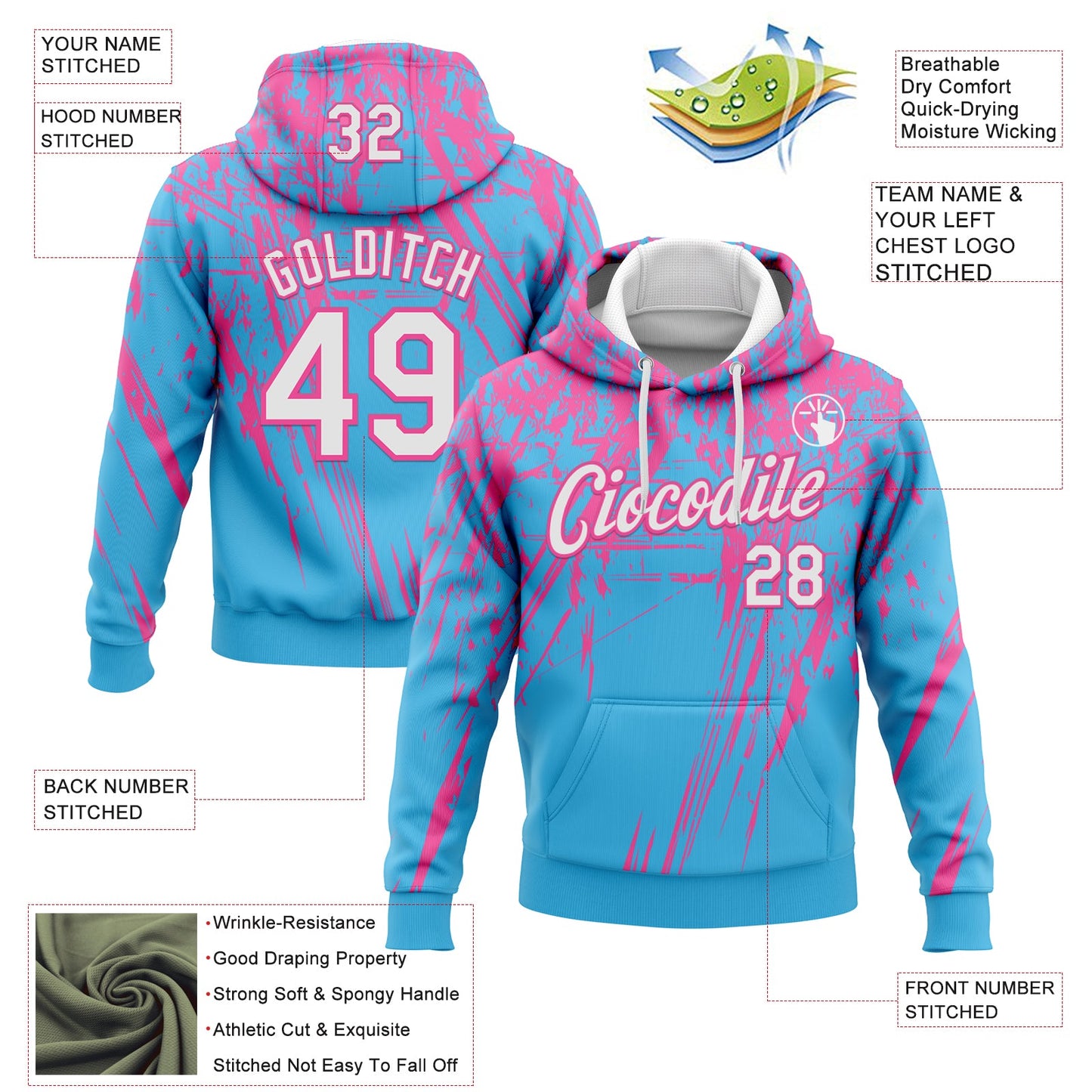 Custom Stitched Sky Blue White-Pink 3D Pattern Design Splash Grunge Art Sports Pullover Sweatshirt Hoodie view 2