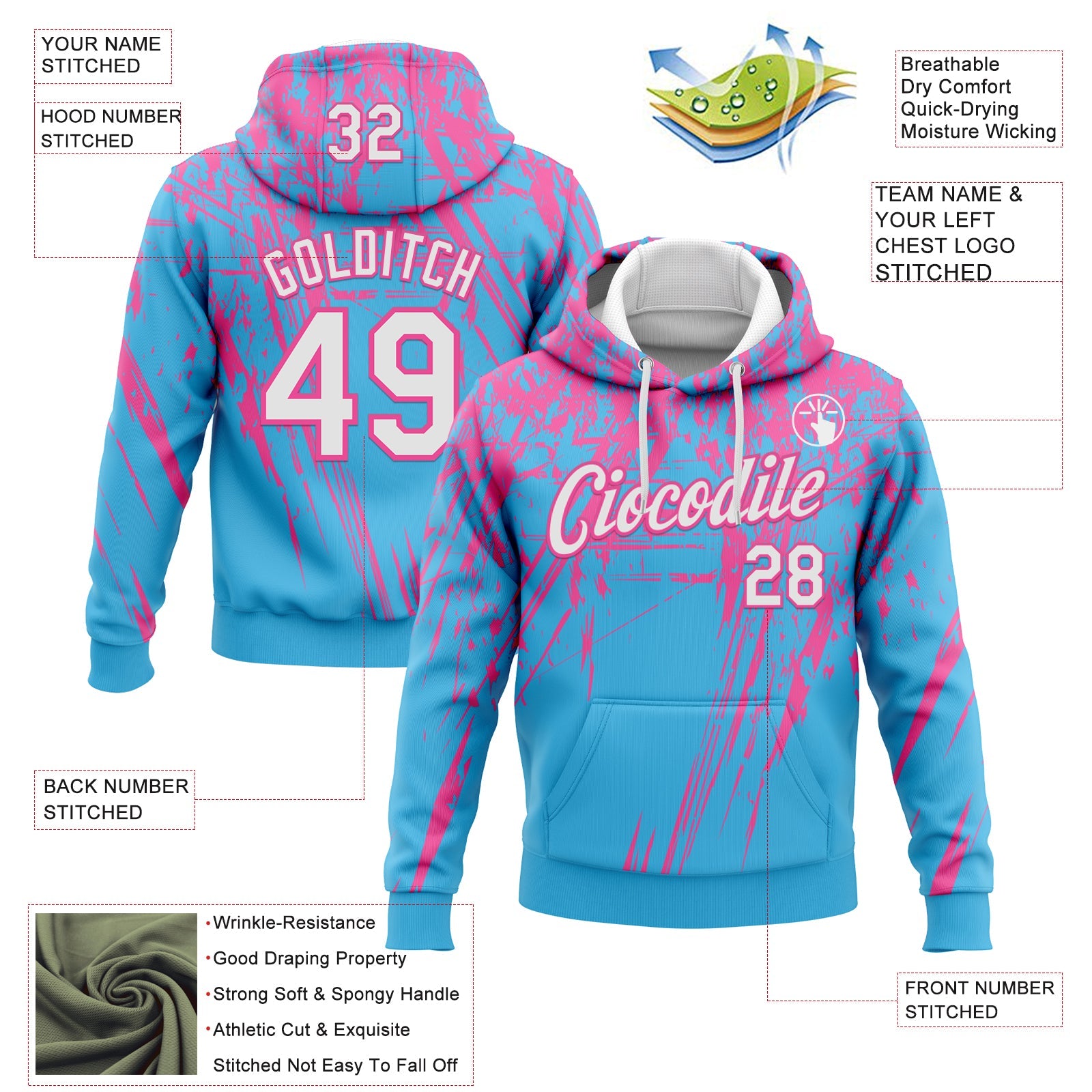 Custom Stitched Sky Blue White-Pink 3D Pattern Design Splash Grunge Art Sports Pullover Sweatshirt Hoodie view 2