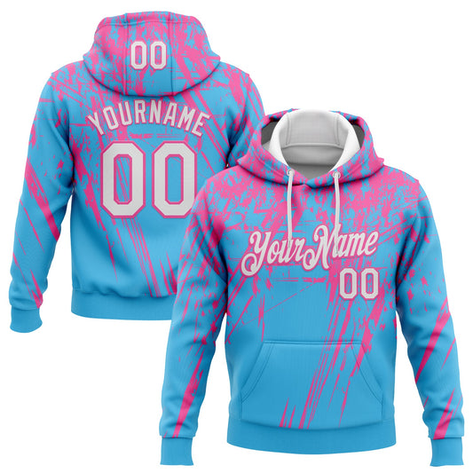 Custom Stitched Sky Blue White-Pink 3D Pattern Design Splash Grunge Art Sports Pullover Sweatshirt Hoodie - Main View