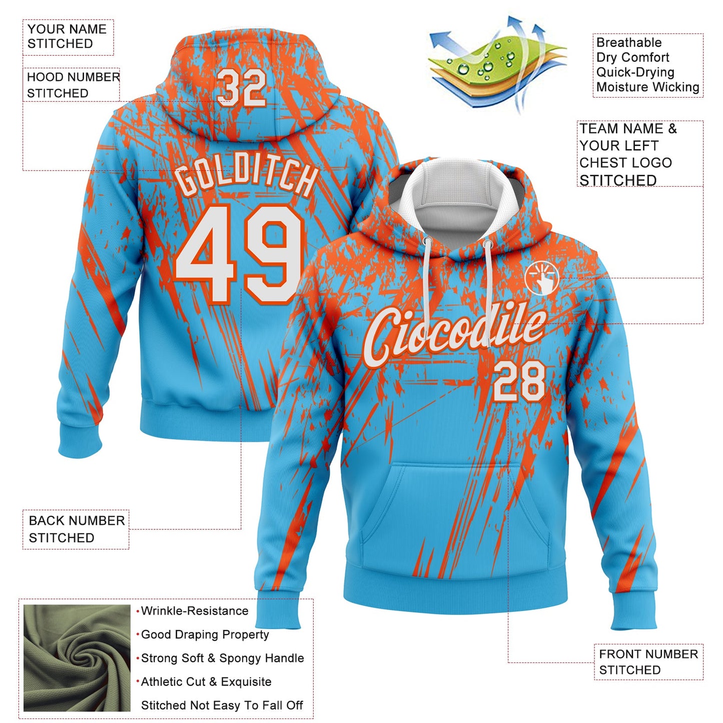 Custom Stitched Sky Blue White-Orange 3D Pattern Design Splash Grunge Art Sports Pullover Sweatshirt Hoodie view 2