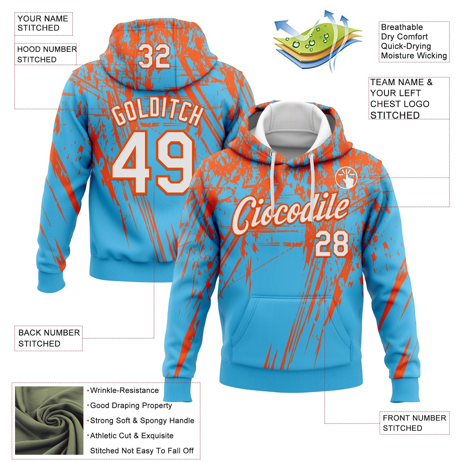 Custom Stitched Sky Blue White-Orange 3D Pattern Design Splash Grunge Art Sports Pullover Sweatshirt Hoodie view 2
