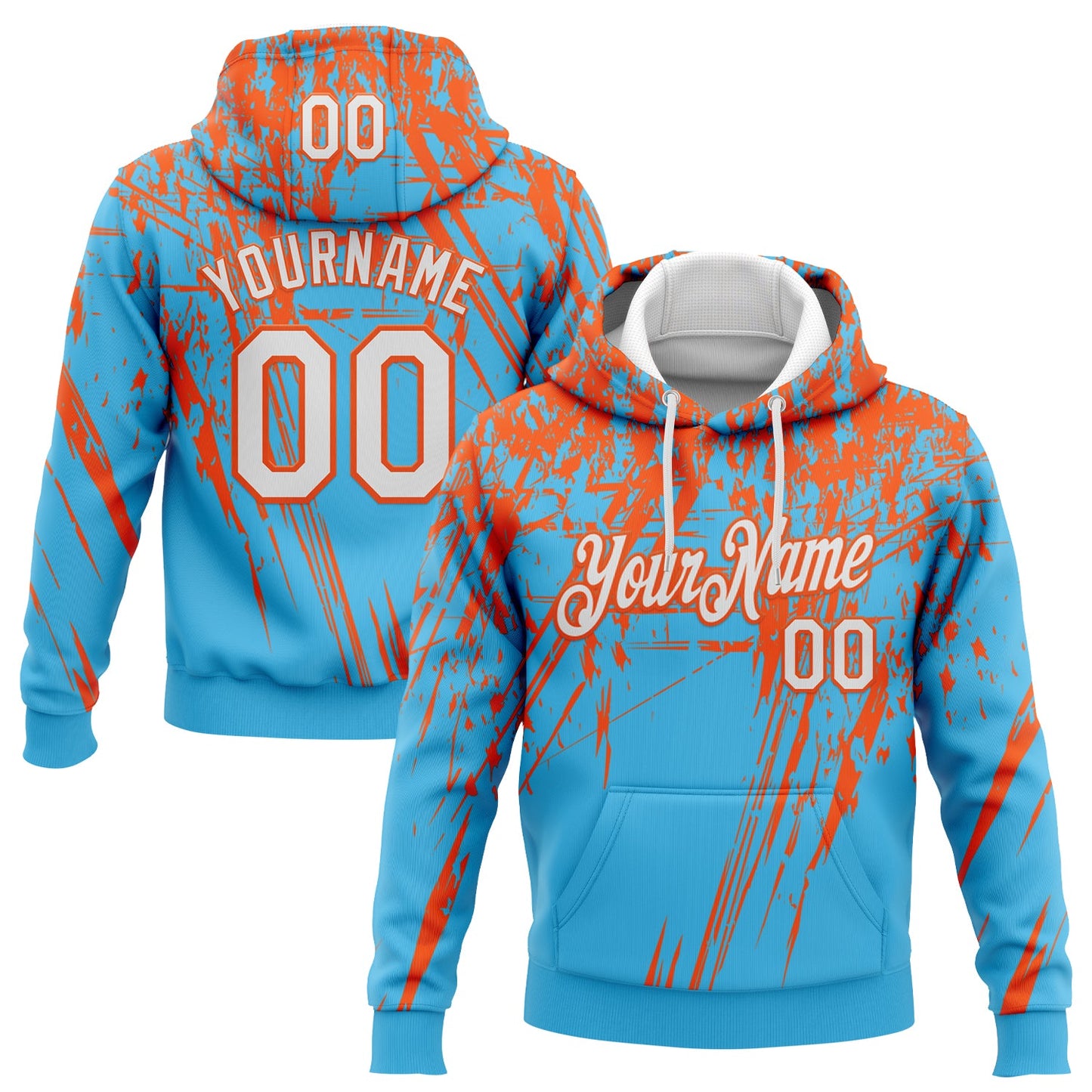 Custom Stitched Sky Blue White-Orange 3D Pattern Design Splash Grunge Art Sports Pullover Sweatshirt Hoodie - Main View