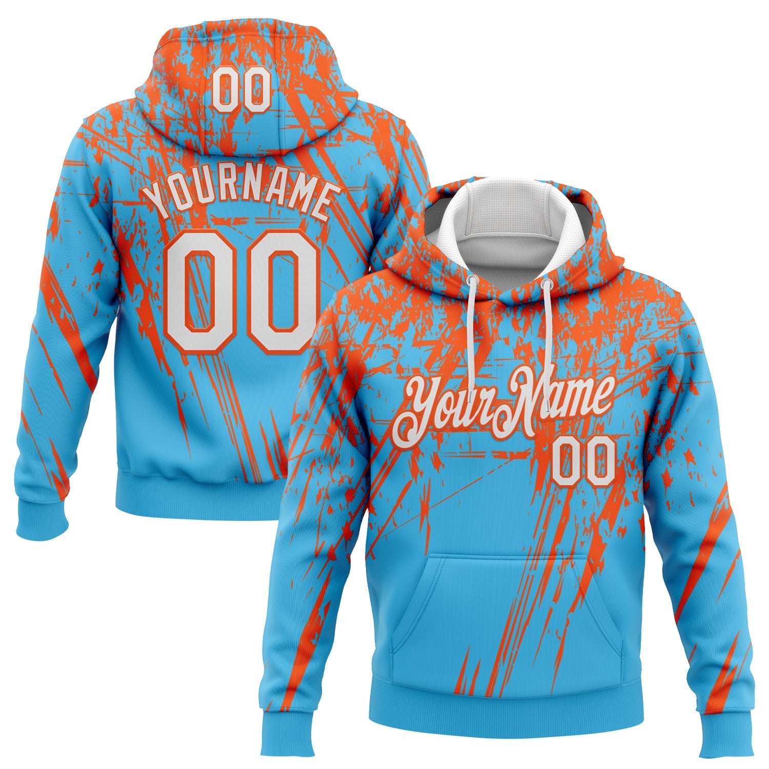 Custom Stitched Sky Blue White-Orange 3D Pattern Design Splash Grunge Art Sports Pullover Sweatshirt Hoodie - Main View