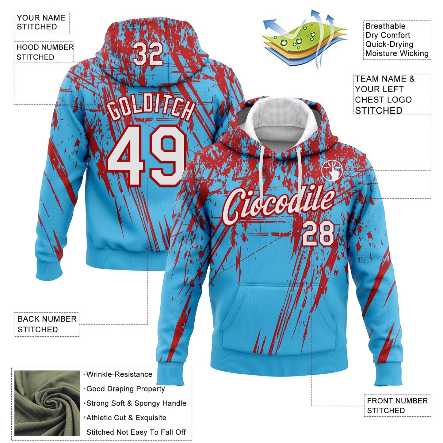 Custom Stitched Sky Blue White-Red 3D Pattern Design Splash Grunge Art Sports Pullover Sweatshirt Hoodie view 2