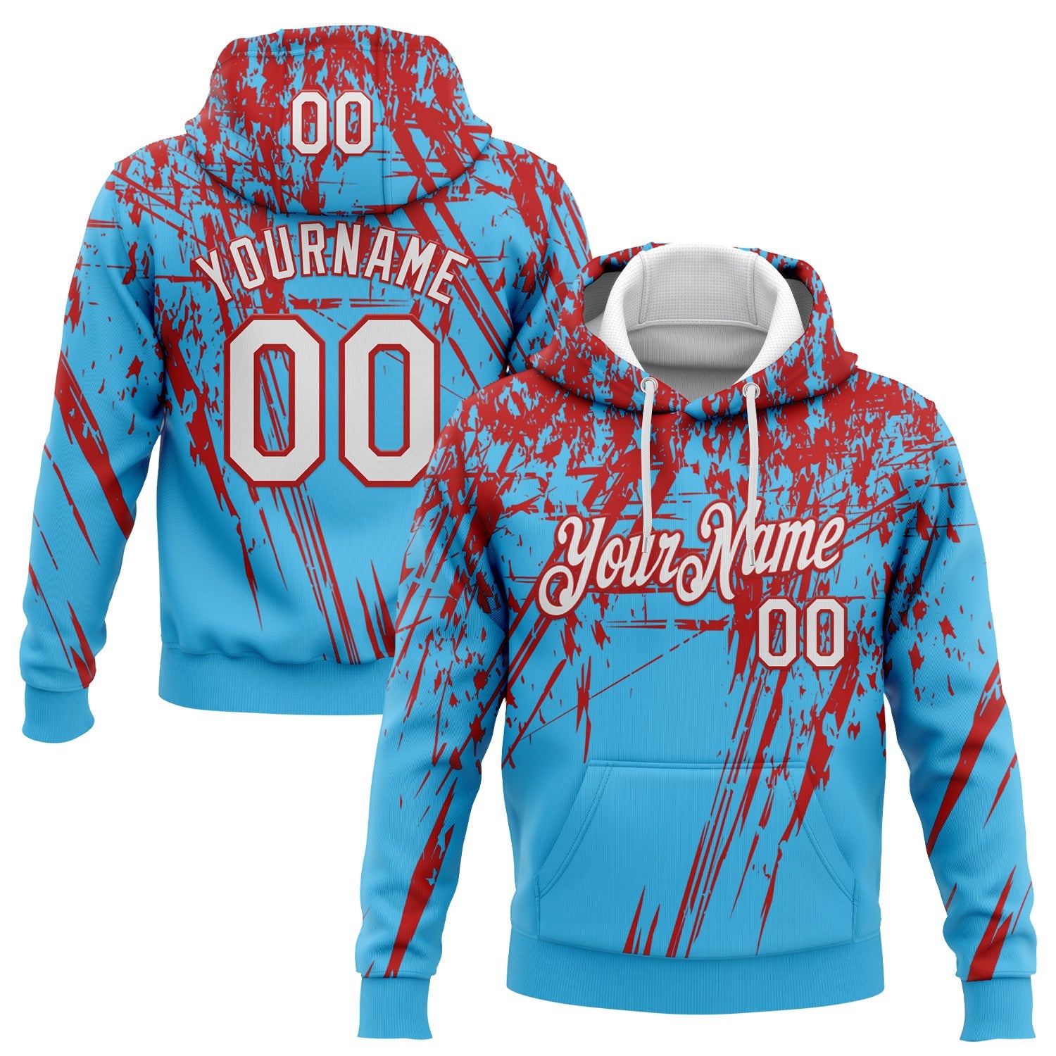 Custom Stitched Sky Blue White-Red 3D Pattern Design Splash Grunge Art Sports Pullover Sweatshirt Hoodie - Main View