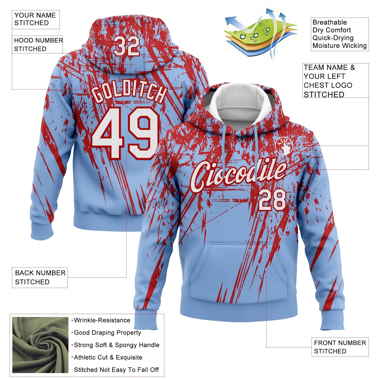Custom Stitched Light Blue White-Red 3D Pattern Design Splash Grunge Art Sports Pullover Sweatshirt Hoodie view 2