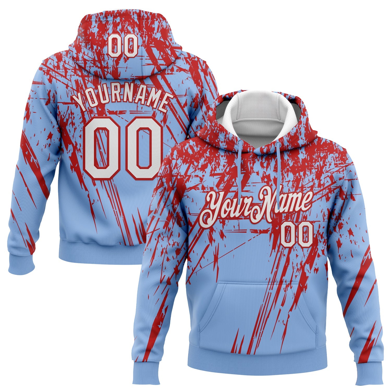 Custom Stitched Light Blue White-Red 3D Pattern Design Splash Grunge Art Sports Pullover Sweatshirt Hoodie - Main View