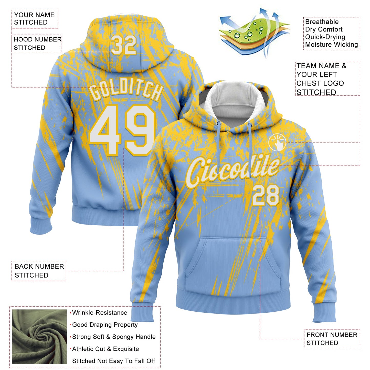 Custom Stitched Light Blue White-Yellow 3D Pattern Design Splash Grunge Art Sports Pullover Sweatshirt Hoodie view 2