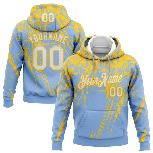 Custom Stitched Light Blue White-Yellow 3D Pattern Design Splash Grunge Art Sports Pullover Sweatshirt Hoodie - Main View
