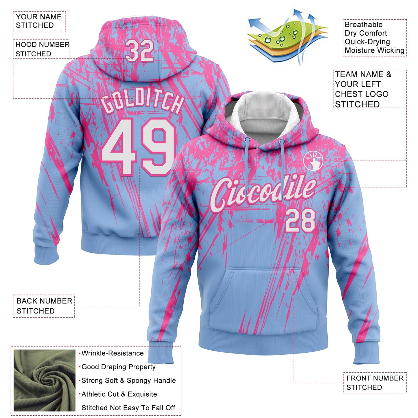 Custom Stitched Light Blue White-Pink 3D Pattern Design Splash Grunge Art Sports Pullover Sweatshirt Hoodie view 2