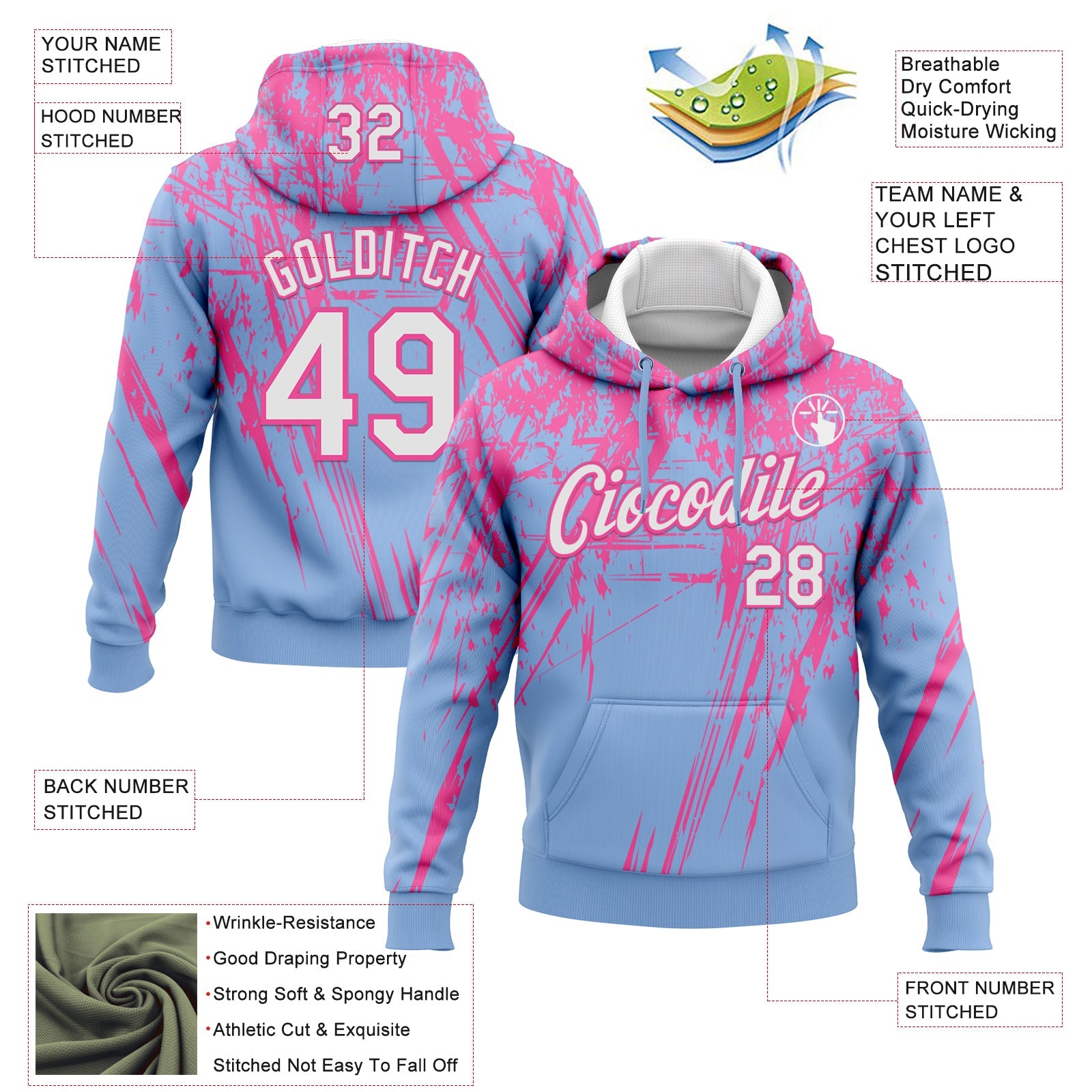 Custom Stitched Light Blue White-Pink 3D Pattern Design Splash Grunge Art Sports Pullover Sweatshirt Hoodie view 2