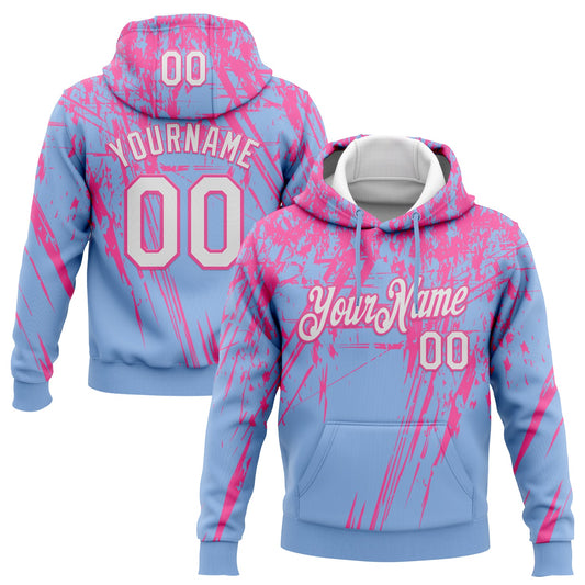 Custom Stitched Light Blue White-Pink 3D Pattern Design Splash Grunge Art Sports Pullover Sweatshirt Hoodie - Main View