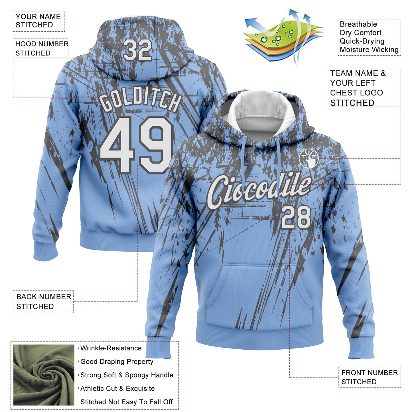 Custom Stitched Light Blue White-Steel Gray 3D Pattern Design Splash Grunge Art Sports Pullover Sweatshirt Hoodie view 2