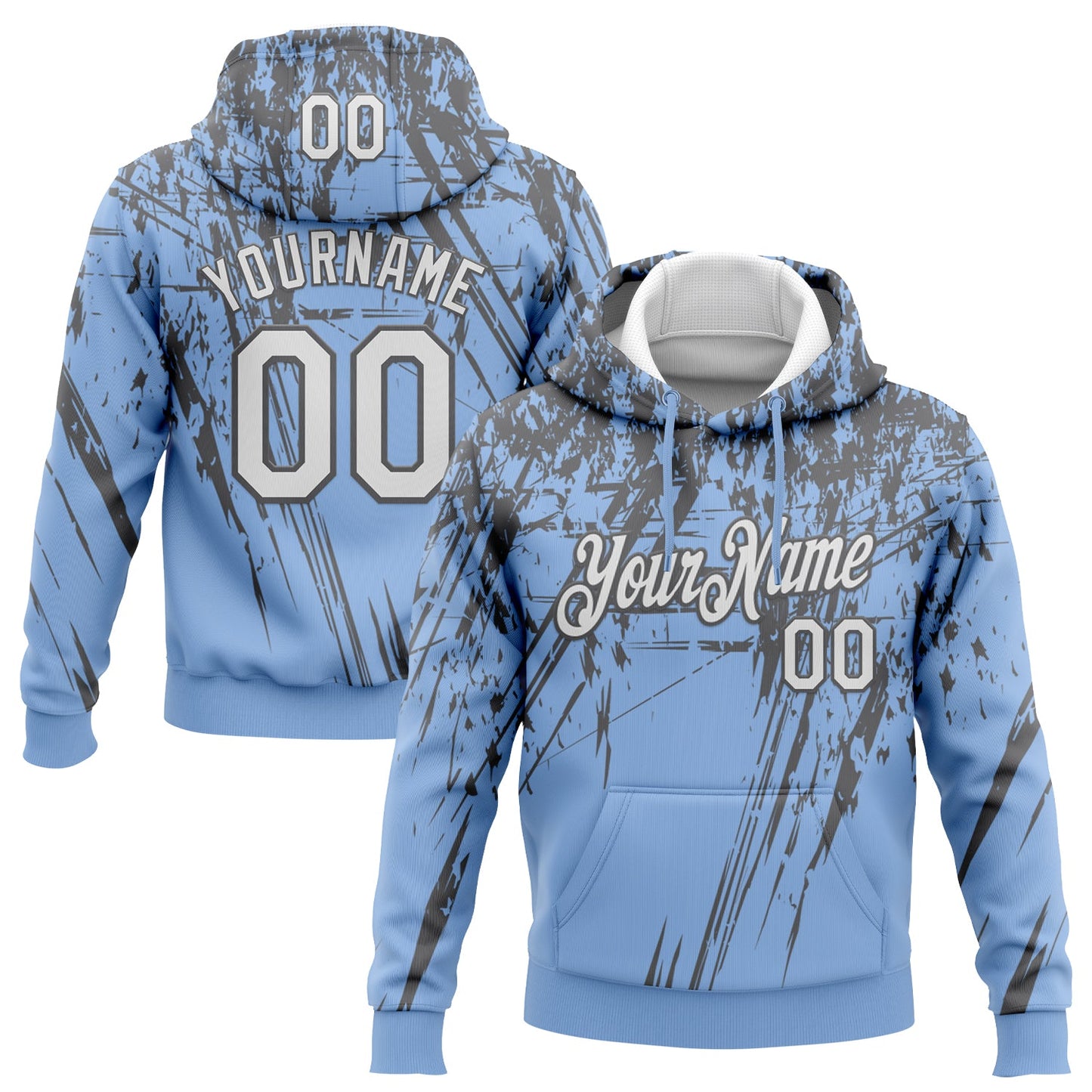 Custom Stitched Light Blue White-Steel Gray 3D Pattern Design Splash Grunge Art Sports Pullover Sweatshirt Hoodie - Main View