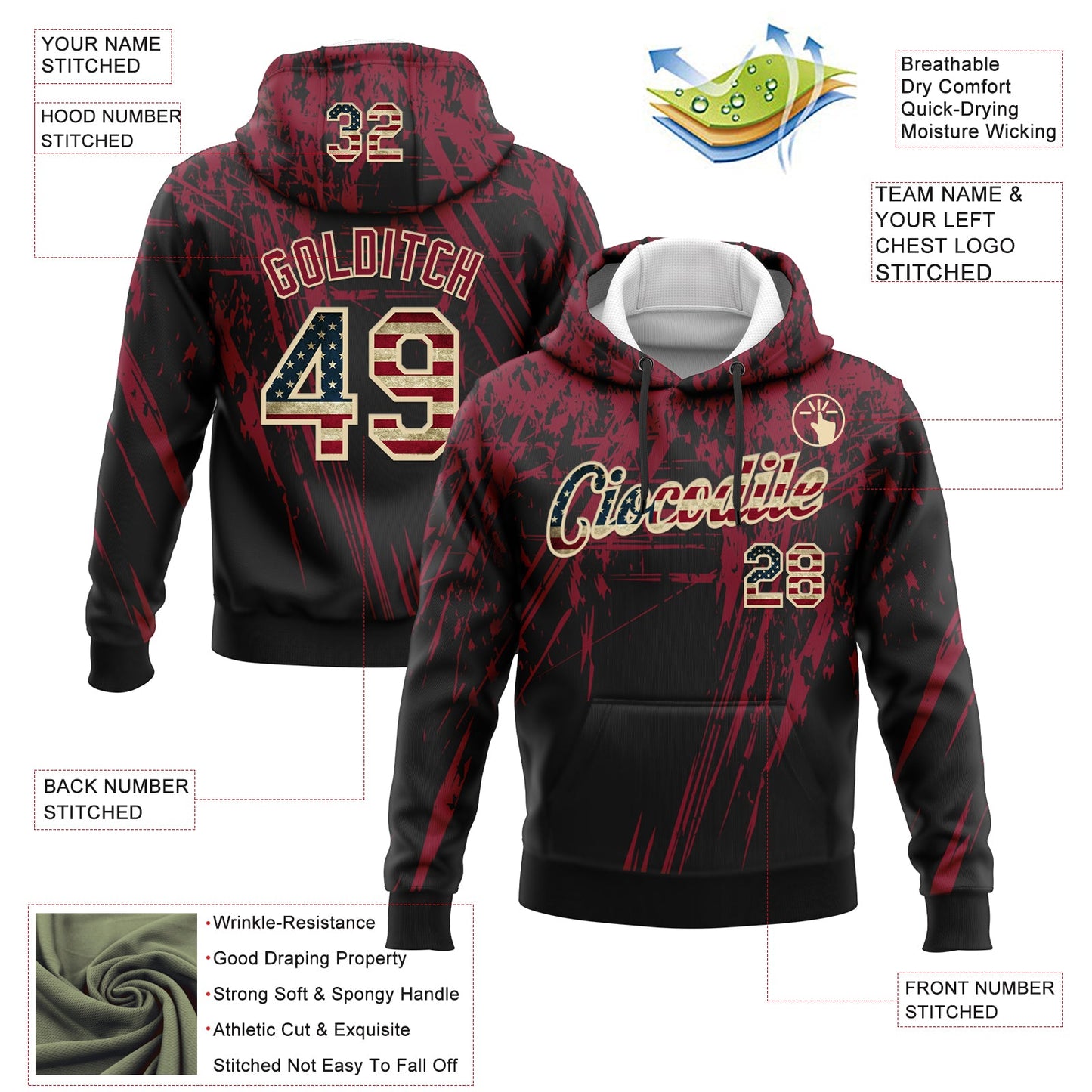 Custom Stitched Black Vintage USA Flag Crimson-Cream 3D Pattern Design Splash Grunge Art Sports Pullover Sweatshirt Hoodie view 2