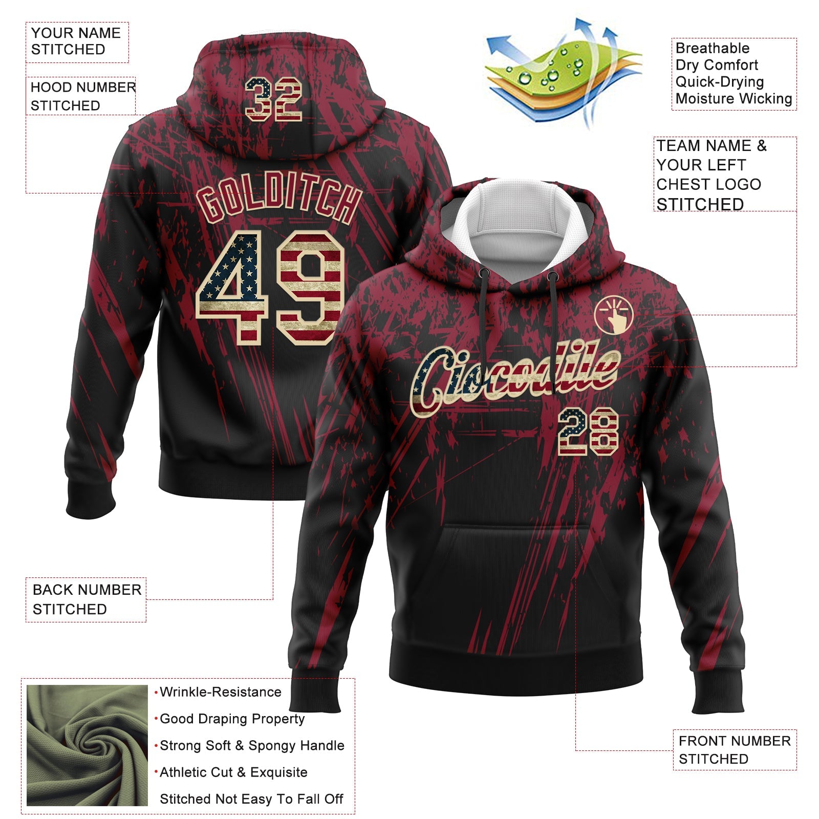 Custom Stitched Black Vintage USA Flag Crimson-Cream 3D Pattern Design Splash Grunge Art Sports Pullover Sweatshirt Hoodie view 2