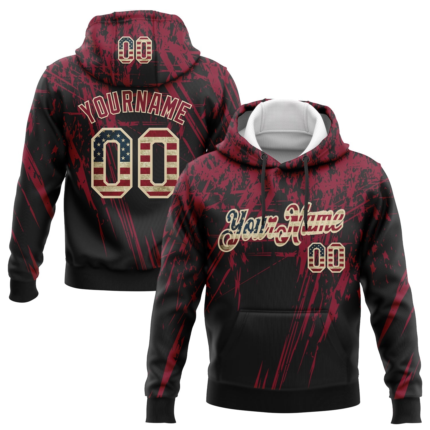 Custom Stitched Black Vintage USA Flag Crimson-Cream 3D Pattern Design Splash Grunge Art Sports Pullover Sweatshirt Hoodie - Main View