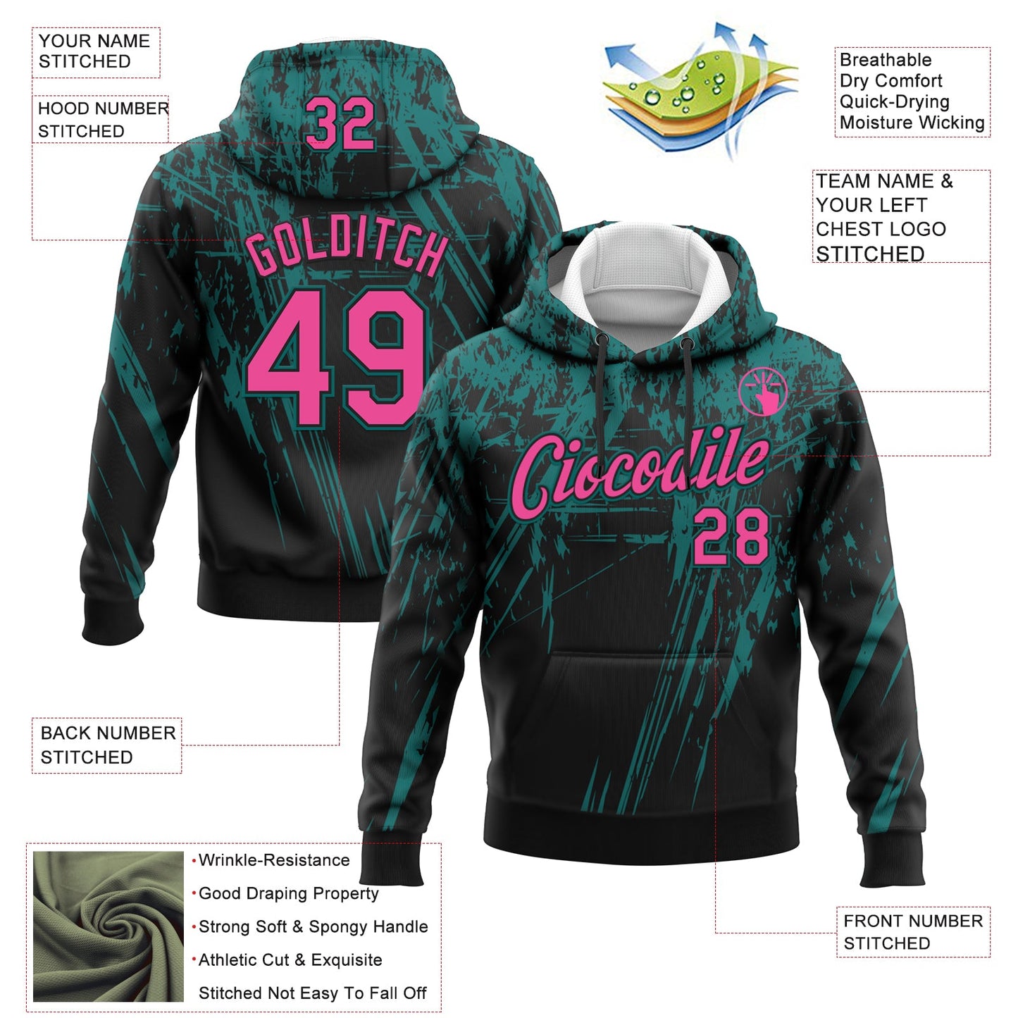 Custom Stitched Black Pink-Teal 3D Pattern Design Splash Grunge Art Sports Pullover Sweatshirt Hoodie view 2