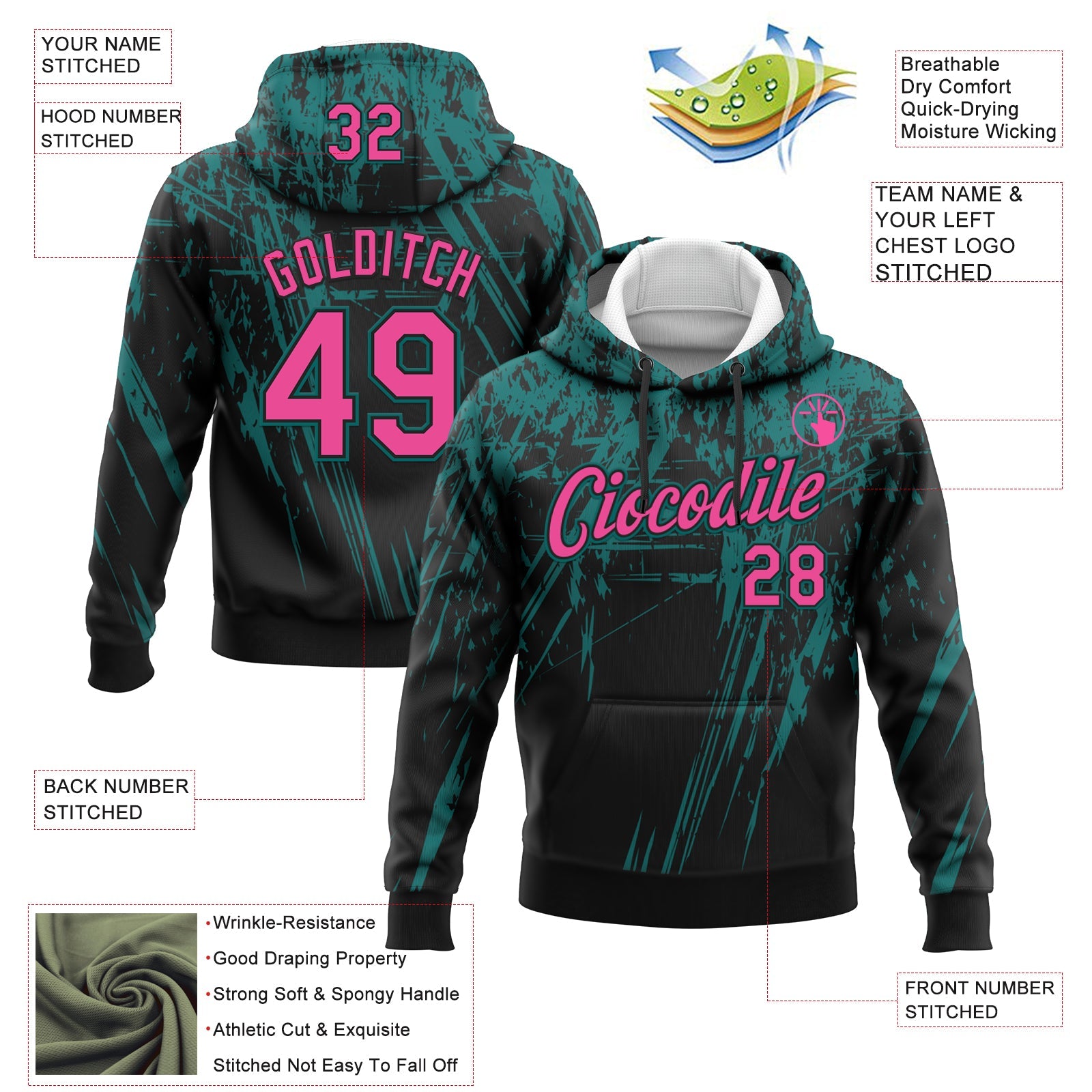 Custom Stitched Black Pink-Teal 3D Pattern Design Splash Grunge Art Sports Pullover Sweatshirt Hoodie view 2