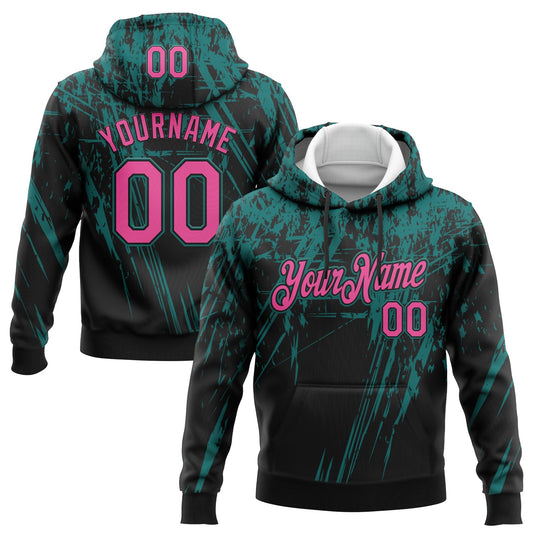 Custom Stitched Black Pink-Teal 3D Pattern Design Splash Grunge Art Sports Pullover Sweatshirt Hoodie - Main View