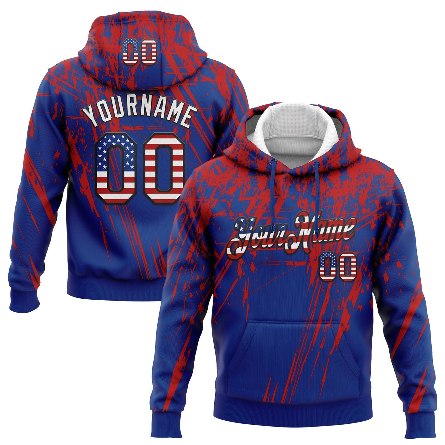 Custom Stitched Royal USA Flag Red Black-White 3D Pattern Design Splash Grunge Art Sports Pullover Sweatshirt Hoodie - Main View