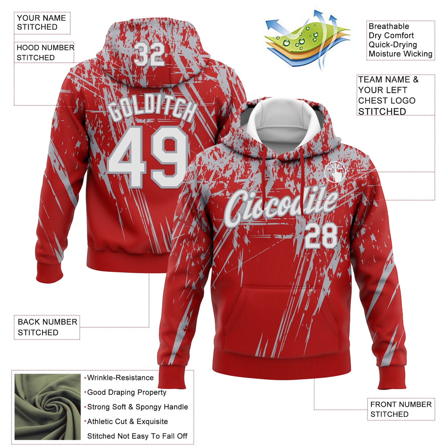 Custom Stitched Red White-Gray 3D Pattern Design Splash Grunge Art Sports Pullover Sweatshirt Hoodie view 2