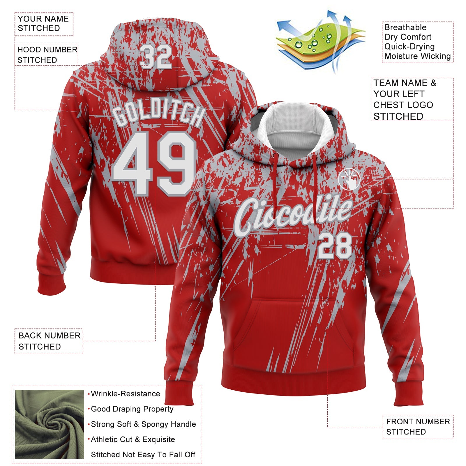 Custom Stitched Red White-Gray 3D Pattern Design Splash Grunge Art Sports Pullover Sweatshirt Hoodie view 2