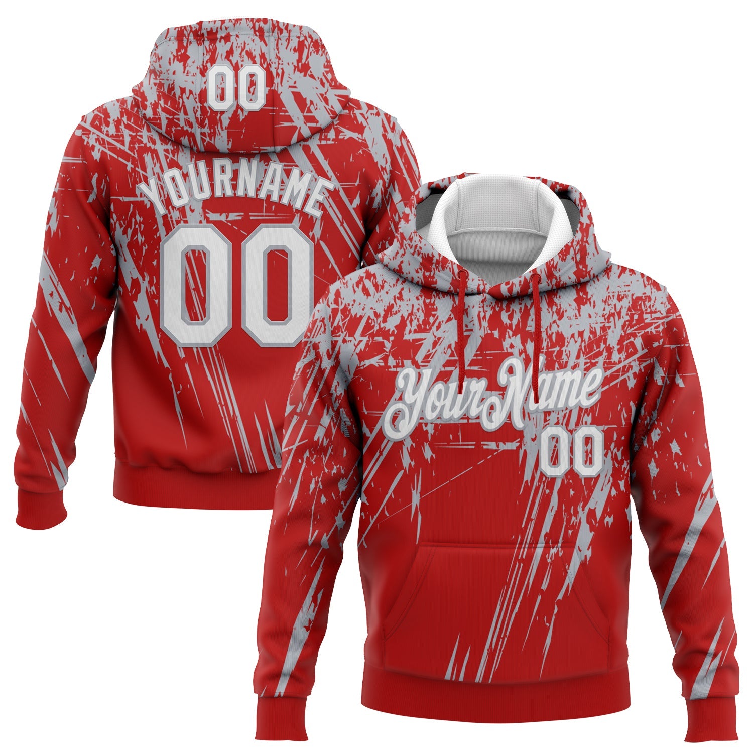 Custom Stitched Red White-Gray 3D Pattern Design Splash Grunge Art Sports Pullover Sweatshirt Hoodie - Main View