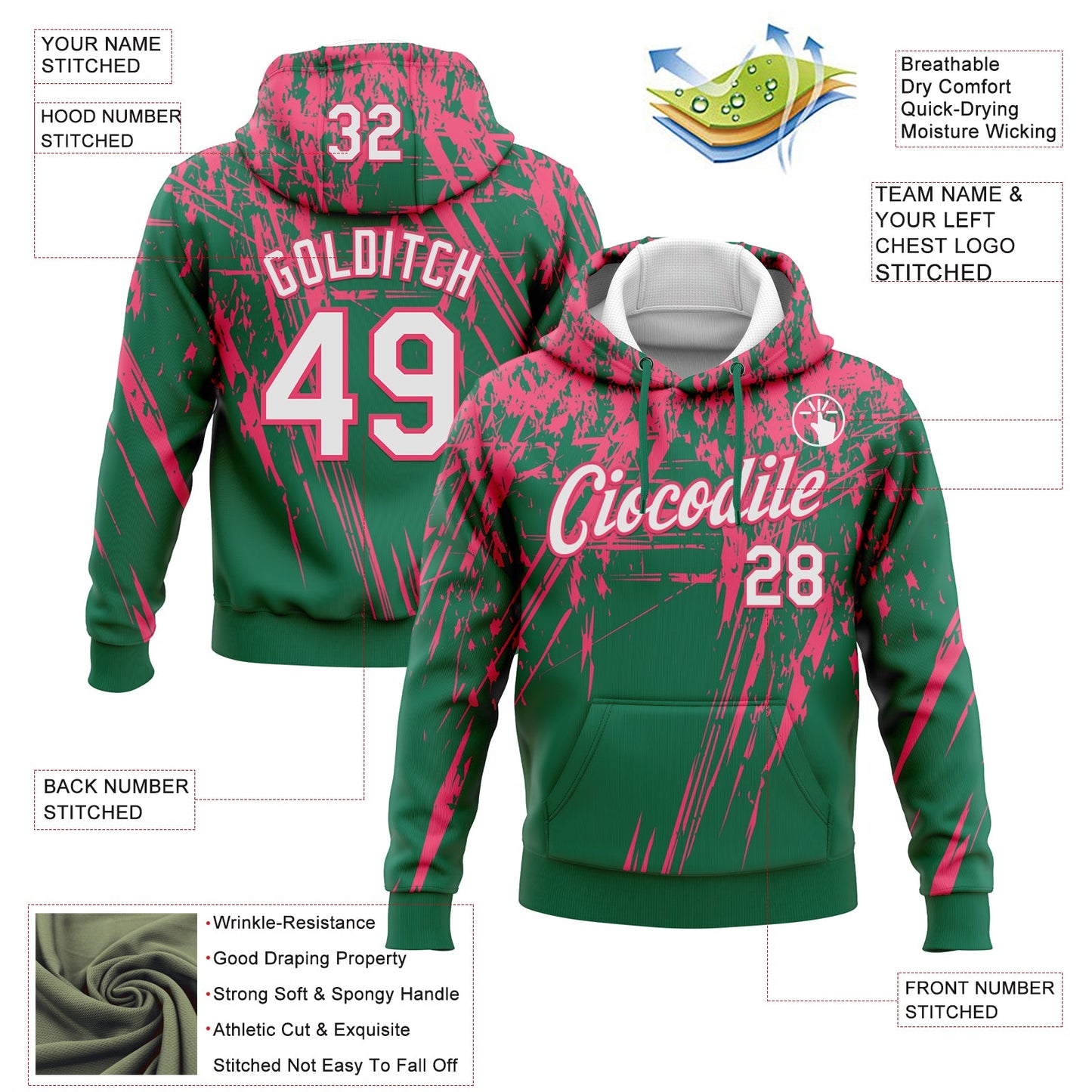Custom Stitched Kelly Green White-Neon Pink 3D Pattern Design Splash Grunge Art Sports Pullover Sweatshirt Hoodie view 2
