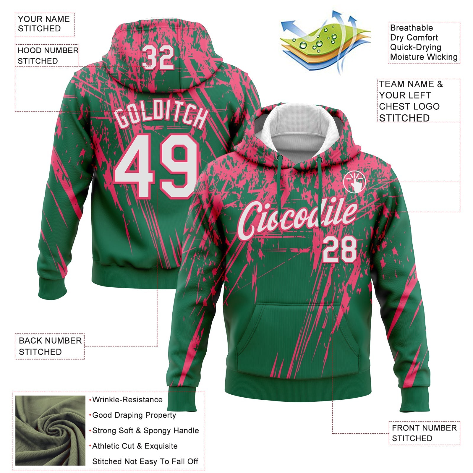Custom Stitched Kelly Green White-Neon Pink 3D Pattern Design Splash Grunge Art Sports Pullover Sweatshirt Hoodie view 2
