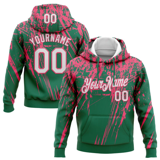 Custom Stitched Kelly Green White-Neon Pink 3D Pattern Design Splash Grunge Art Sports Pullover Sweatshirt Hoodie - Main View