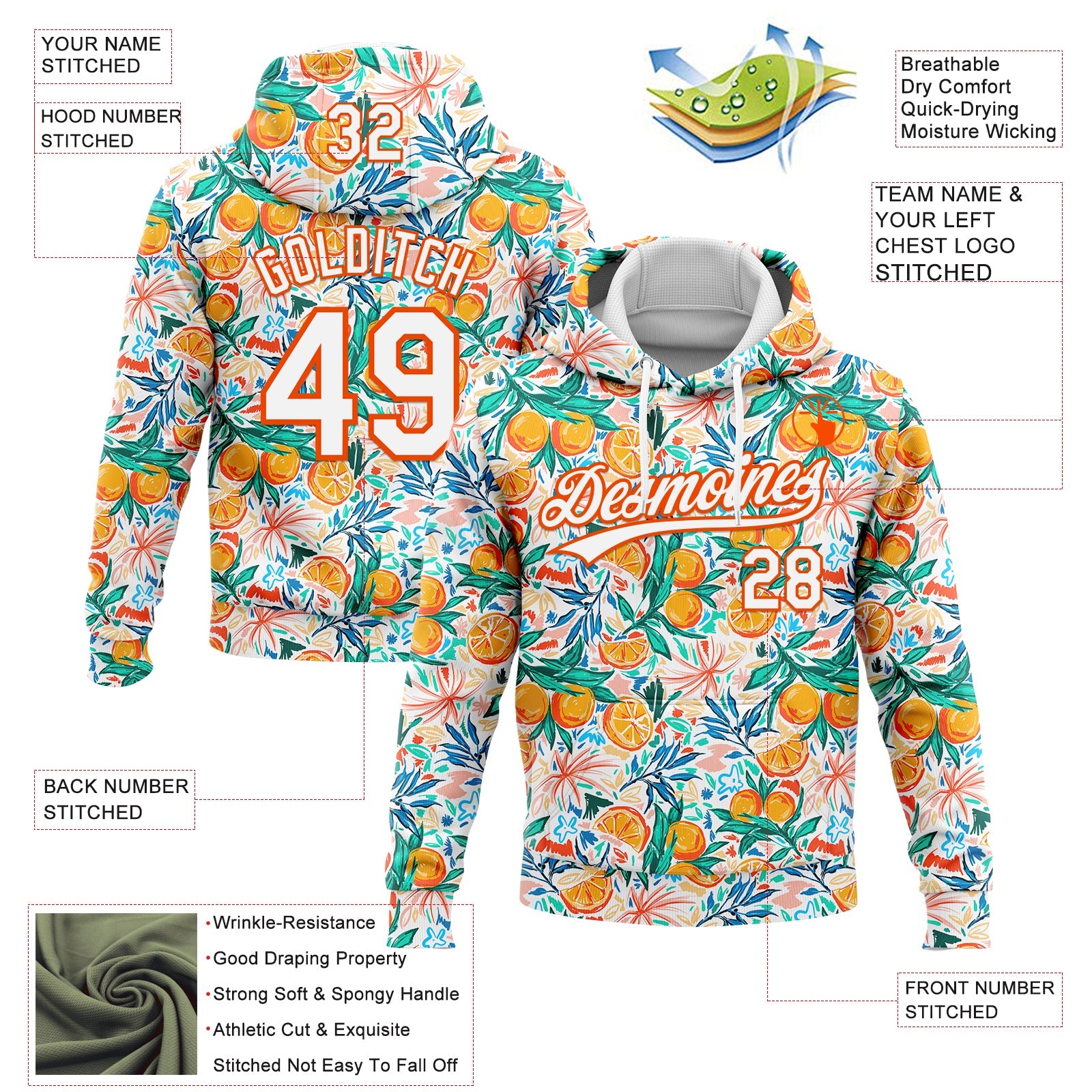 Custom Stitched White Orange 3D Pattern Design Fruit Sports Pullover Sweatshirt Hoodie view 2