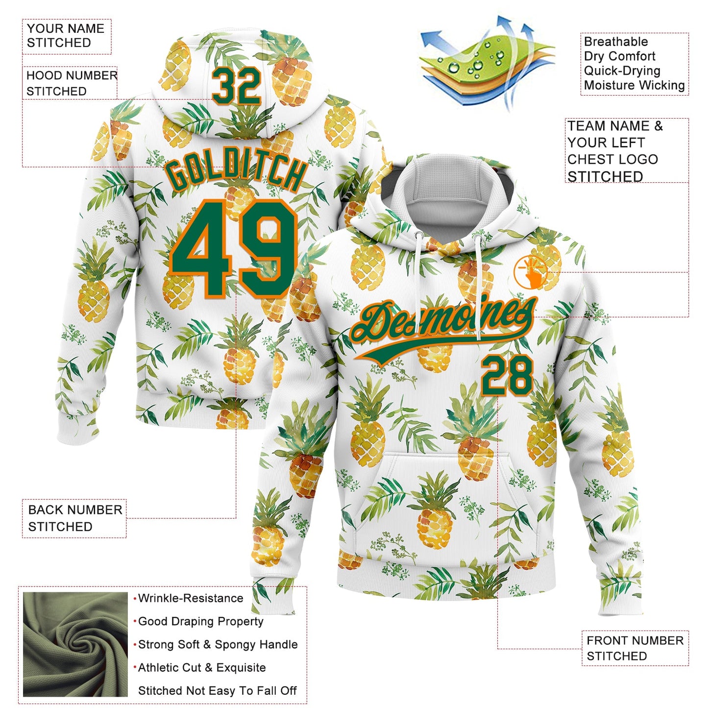 Custom Stitched White Kelly Green-Bay Orange 3D Pattern Design Fruit Pineapples Sports Pullover Sweatshirt Hoodie view 2