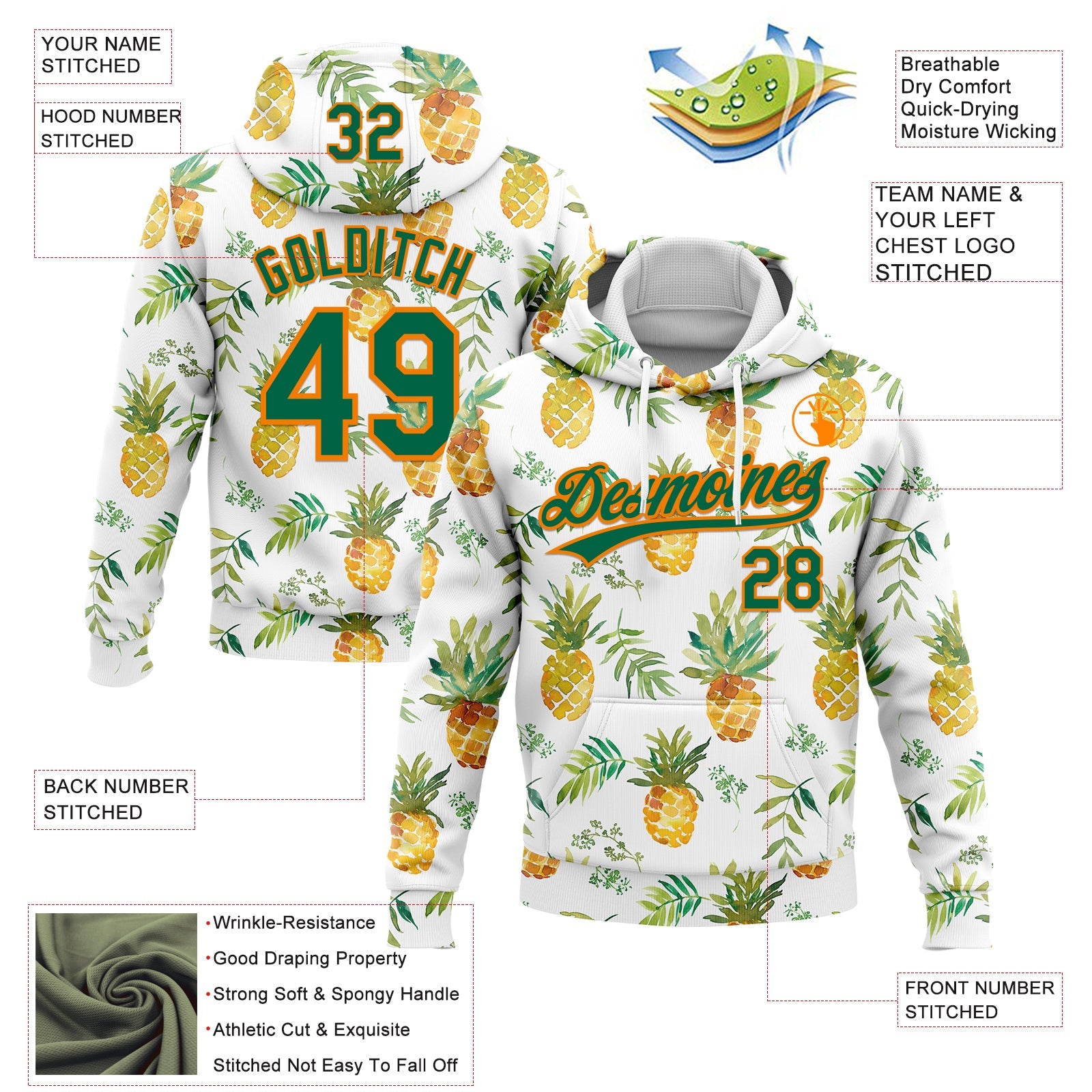 Custom Stitched White Kelly Green-Bay Orange 3D Pattern Design Fruit Pineapples Sports Pullover Sweatshirt Hoodie view 2