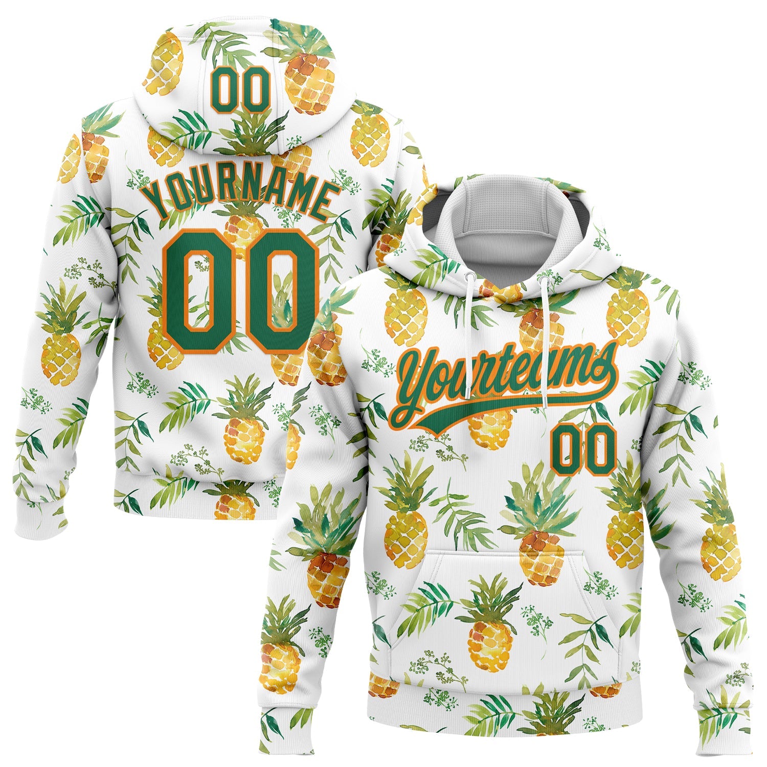 Custom Stitched White Kelly Green-Bay Orange 3D Pattern Design Fruit Pineapples Sports Pullover Sweatshirt Hoodie - Main View