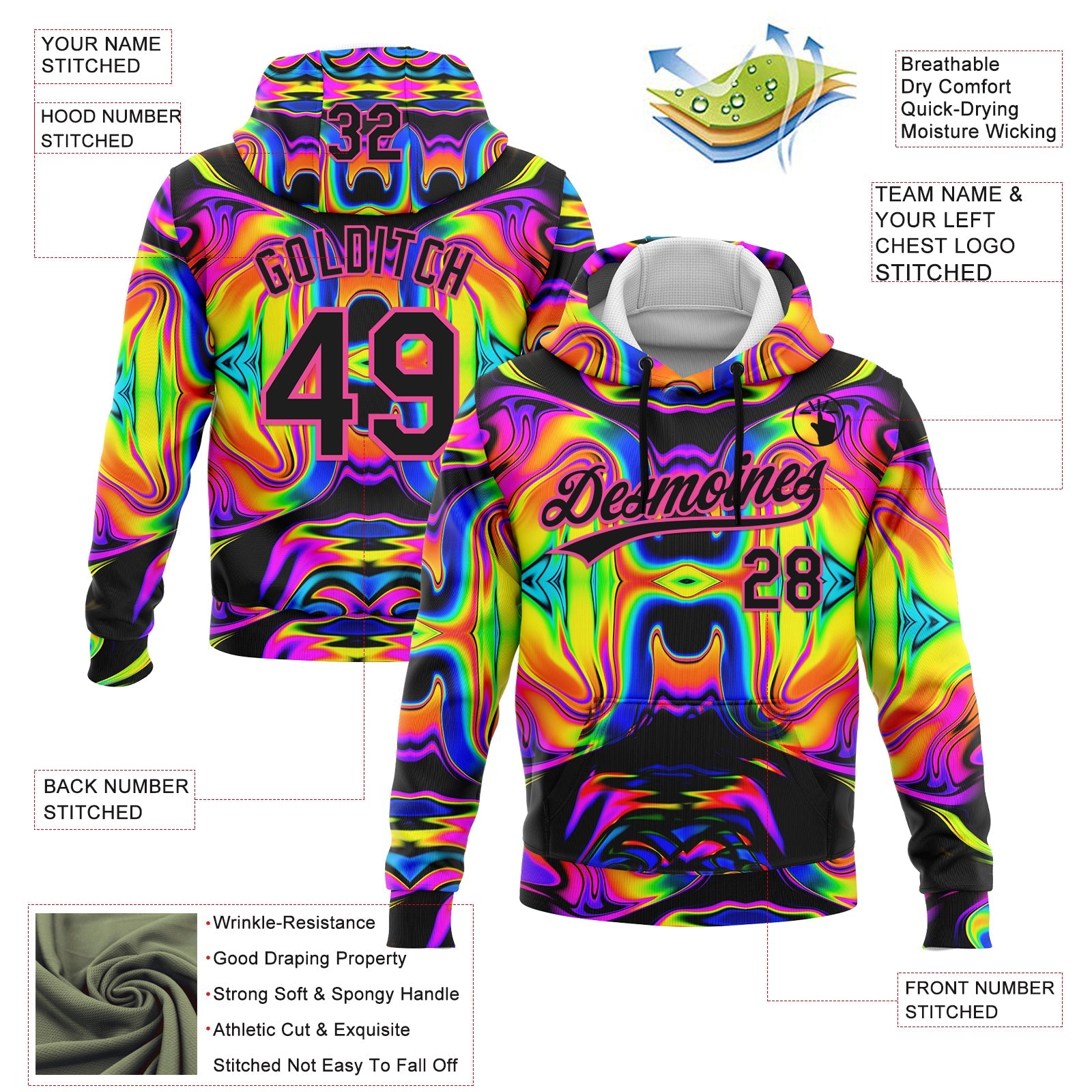 Custom Stitched Black Pink 3D Pattern Design Abstract Iridescent Psychedelic Swirl Fluid Art Sports Pullover Sweatshirt Hoodie view 2