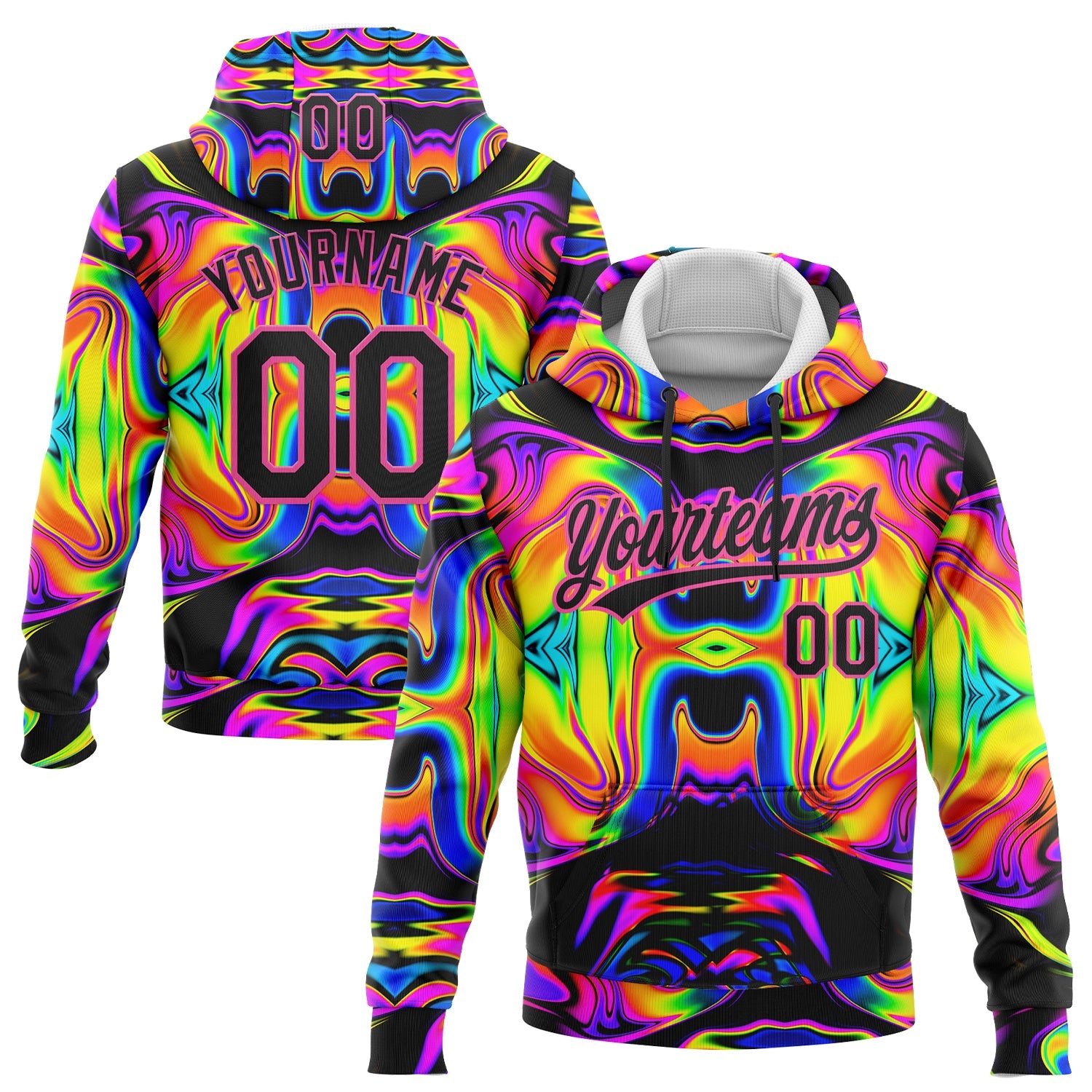 Custom Stitched Black Pink 3D Pattern Design Abstract Iridescent Psychedelic Swirl Fluid Art Sports Pullover Sweatshirt Hoodie - Main View