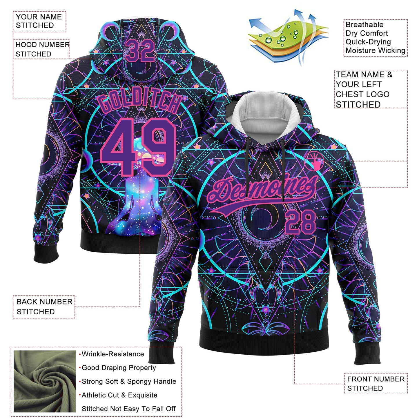 Custom Stitched Black Purple-Pink 3D Pattern Design Magic Mushrooms Over Sacred Geometry Psychedelic Hallucination Sports Pullover Sweatshirt Hoodie view 2