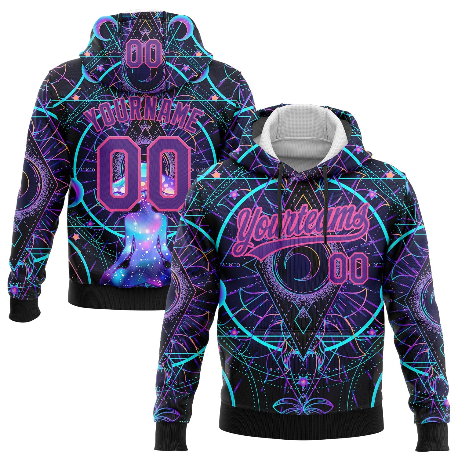 Custom Stitched Black Purple-Pink 3D Pattern Design Magic Mushrooms Over Sacred Geometry Psychedelic Hallucination Sports Pullover Sweatshirt Hoodie - Main View