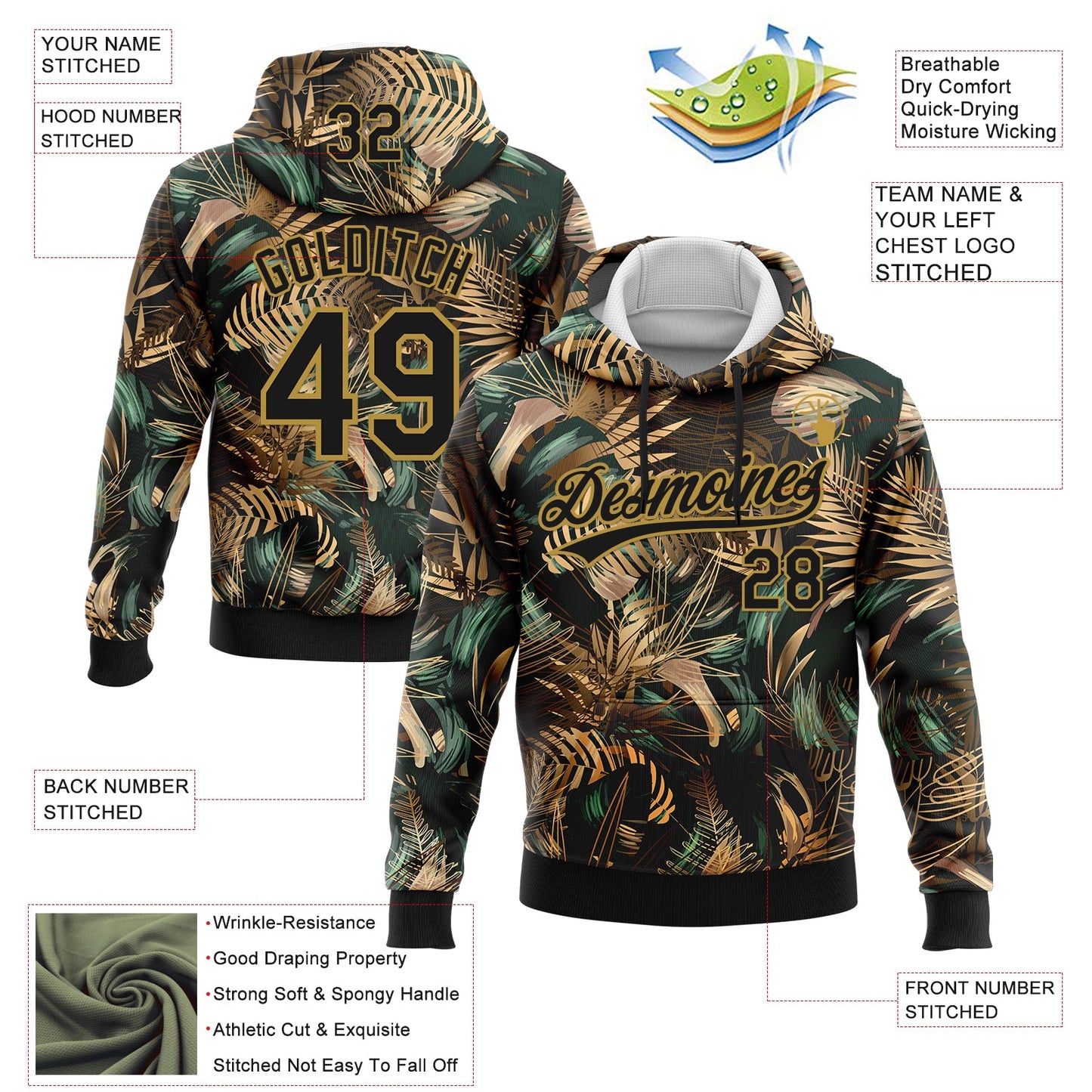Custom Stitched Black Old Gold 3D Tropical Leaves In The Style Of Jungle And Hawaii Sports Pullover Sweatshirt Hoodie view 2